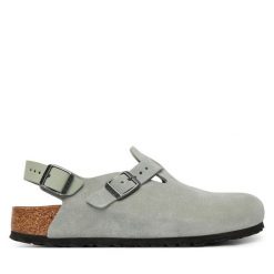 Sandały Birkenstock. Szare sandały Birkenstock, bez wzorów, bez obcasa, na płaskiej podeszwie, bez zapięcia. Za 719.99 zł.