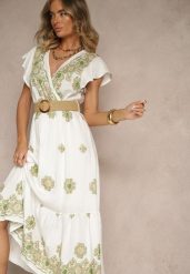 Biało-Zielona Sukienka z Wiskozy Ozdobiona Paskiem i Haftem Nilorelle. Białe sukienki Renee, na co dzień, l, bez wzorów, z wiskozy, boho, bez kołnierzyka, bez ramiączek, maxi. Za 109.99 zł.