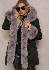 Czarno-Szara Kurtka Parka z Paskiem w Talii i Kapturem z Futerkiem Hizontia. Czarne kurtki Renee, l, z futra. Za 269.99 zł.