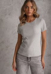 Szary Bawełniany T-shirt o Dopasowanym Kroju z Prążkowanego Materiału Lailya. Szare t-shirty Renee, m, bez wzorów, z bawełny, bez kołnierzyka, bez ramiączek. Za 39.99 zł.