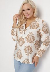 Biało-Beżowa Koszula w Ornamentalny Print z Wiskozą Elnelira. Brązowe koszule Born2be, xl, bez wzorów, z wiskozy, bez kołnierzyka, bez ramiączek. Za 64.99 zł.