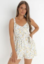 Biały Kombinezon Bimky. Białe sukienki Born2be, na co dzień, xs, z aplikacjami, z materiału, bez kołnierzyka, bez ramiączek, mini, dopasowane. Za 69.99 zł.