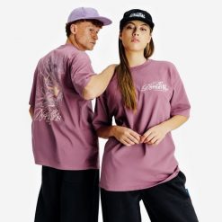 Koszulka z grafiką unisex Relax. Fioletowe bluzki DECATHLON, xl, bez wzorów, z bawełny, bez kołnierzyka, bez ramiączek. Za 89.99 zł.