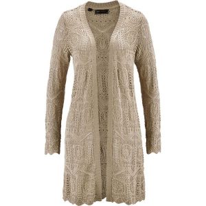Sweter bez zapięcia ażurowy bonprix piaskowy. Swetry marki bonprix. Za 99.99 zł.