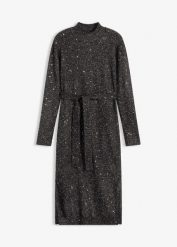 Sukienka dzianinowa z cekinami. Czarne sukienki bonprix, bez wzorów, z dzianiny, bez kołnierzyka, bez ramiączek, midi. Za 159.99 zł.