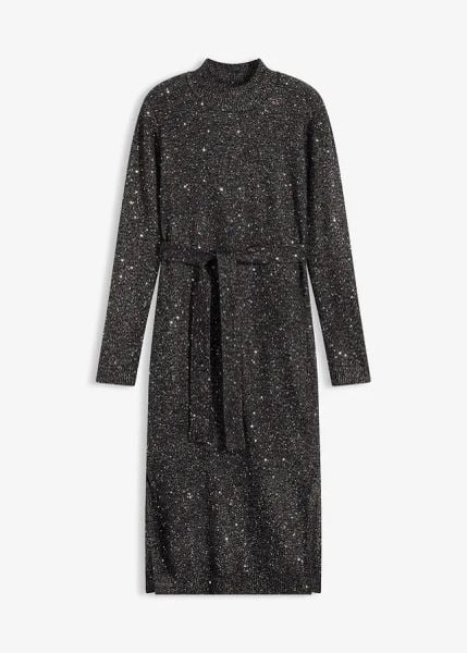 Sukienka dzianinowa z cekinami. Czarne sukienki bonprix, bez wzorów, z dzianiny, bez kołnierzyka, bez ramiączek, midi. Za 147.99 zł.