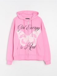 Bluza zip hoodie z nadrukiem - różowy. Czerwone bluzy Sinsay, l, bez wzorów, bez kaptura. Za 49.99 zł.