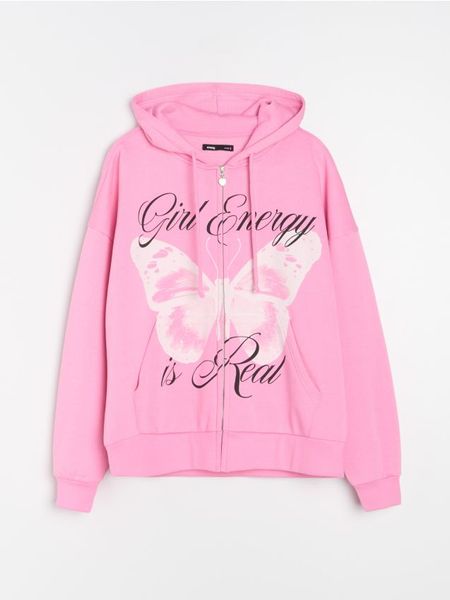 Bluza zip hoodie z nadrukiem - różowy. Czerwone bluzy Sinsay, l, bez wzorów, bez kaptura. Za 49.99 zł.