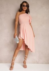 Różowa Asymetryczna Sukienka Wieczorowa na Jedno Ramię Ozdobiona Falbankami Vimasira. Czerwone sukienki Renee, na lato, m, bez wzorów, eleganckie, z asymetrycznym kołnierzem, bez ramiączek, midi, asymetryczne. Za 69.99 zł.