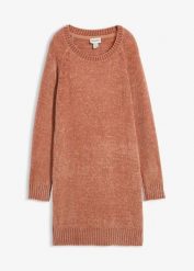 Sukienka dzianinowa oversize z szenili. Szare sukienki bonprix, bez wzorów, z dzianiny, bez kołnierzyka, bez ramiączek, mini, oversize. Za 124.99 zł.