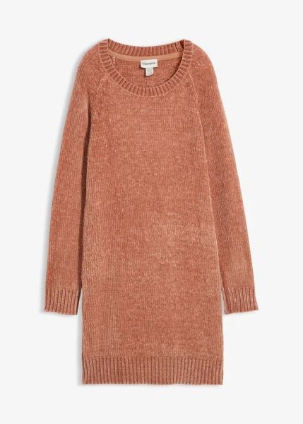 Sukienka dzianinowa oversize z szenili. Szare sukienki bonprix, bez wzorów, z dzianiny, bez kołnierzyka, bez ramiączek, mini, oversize. Za 124.99 zł.
