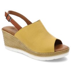 Żółte Sandały Artiker Stylowe Obuwie Damskie. Żółte sandały Artiker, bez wzorów, ze skóry, eleganckie, bez obcasa, na koturnie, bez zapięcia. Za 179.00 zł.