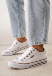Biało-Brązowe Klasyczne Trampki do Kostki z Lamówką przy Podeszwie Kasiope. Białe trampki Born2be, bez wzorów, z jeansu, bez zapięcia. Za 59.99 zł.