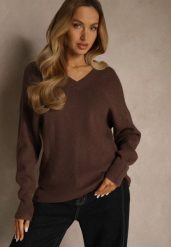 Brązowy Sweter z Dodatkiem Kaszmiru i Trójkątnym Dekoltem Silefera. Brązowe swetry Renee, bez wzorów, z jeansu, bez ramiączek. Za 99.99 zł.