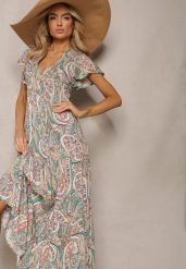 Zielona Rozkloszowana Sukienka Maxi na Guziki Ozdobiona Etnicznym Wzorem Kleriala. Zielone sukienki Renee, na imprezę, na lato, l, bez wzorów, boho, bez kołnierzyka, bez ramiączek, maxi, rozkloszowane. Za 59.99 zł.