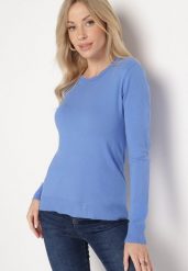 Niebieski Sweter Klasyczny z Miękkiej Dzianiny Helentia. Niebieskie swetry Born2be, bez wzorów, z bawełny, bez ramiączek. Za 29.99 zł.