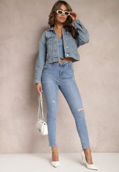 Niebieskie Jeansy z Dziurami i Przetarciami o Fasonie Skinny Klifana. Niebieskie jeansy Renee, bez wzorów. Za 99.99 zł.