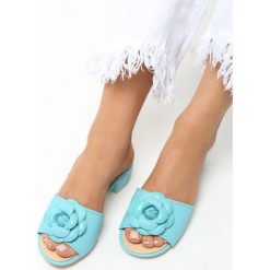 Niebieskie Klapki Flourish. Niebieskie klapki Born2be, z aplikacjami, z okrągłym noskiem, bez obcasa, na obcasie. Za 29.99 zł.