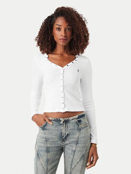Guess Jeans Bluzka W6YP03 K3647 Biały Slim Fit. Białe bluzki Guess Jeans, l, z aplikacjami, z bawełny, bez kołnierzyka, bez ramiączek. Za 219.99 zł.