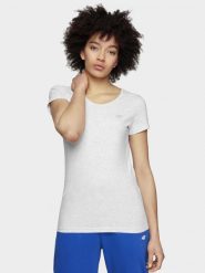 4F T-shirt slim gładki damski M. Białe t-shirty 4f, m, bez wzorów, z bawełny, bez kołnierzyka, bez ramiączek. W wyprzedaży za 29.99 zł.