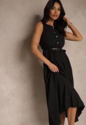 Czarna Plisowana Sukienka o Rozkloszowanym Kroju Bez Rękawów z Paskiem z Klamrą Iffule. Czarne sukienki Renee, na spotkanie biznesowe, m, bez wzorów, eleganckie, bez kołnierzyka, bez ramiączek, maxi, rozkloszowane. Za 109.99 zł.