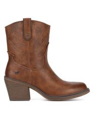 Mustang Kowbojki 1479-502-307 Brązowy. Brązowe botki Mustang, bez wzorów, z materiału, bez obcasa, na słupku, bez zapięcia. Za 399.99 zł.