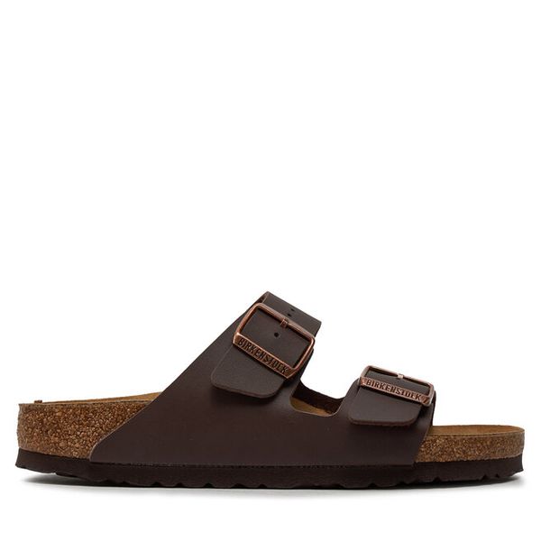 Klapki Birkenstock. Brązowe klapki Birkenstock, bez wzorów, bez obcasa. Za 399.99 zł.