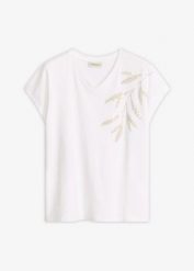 T-shirt z bawełny organcznej. Białe t-shirty bonprix, z aplikacjami, z bawełny, bez kołnierzyka, bez ramiączek. Za 69.99 zł.