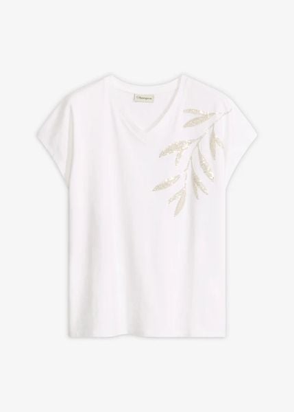 T-shirt z bawełny organcznej. Białe t-shirty bonprix, z aplikacjami, z bawełny, bez kołnierzyka, bez ramiączek. Za 69.99 zł.