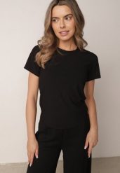 Czarny Gładki T-shirt w Klasycznym Stylu Salodone. Czarne t-shirty Born2be, m, bez wzorów, z jeansu, bez kołnierzyka, bez ramiączek. Za 39.99 zł.