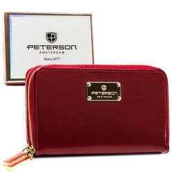 Czerwony portfel damski średniej wielkości na suwak z lakierowanej skóry ekologicznej Peterson PTN 007-BC. Czerwone portfele Peterson, bez wzorów, ze skóry ekologicznej. Za 69.00 zł.