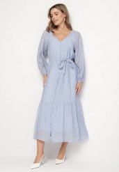 Niebieska Wiskozowa Sukienka Koszulowa o Rozkloszowanym Kroju Wiązana w Talii Frollio. Niebieskie sukienki Born2be, na co dzień, m, bez wzorów, z wiskozy, eleganckie, bez kołnierzyka, bez ramiączek, maxi, koszulowe. Za 159.99 zł.
