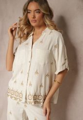 Biało-Beżowa Luźna Koszula z Wzorem Boho z Lnu i Wiskozy Karisna. Białe koszule Renee, l, bez wzorów, z jeansu, boho, bez kołnierzyka, bez ramiączek. Za 79.99 zł.