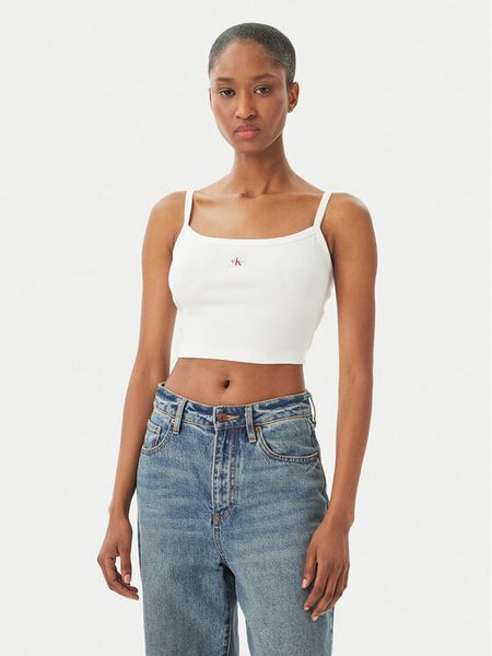 Calvin Klein Jeans Top LV047F221G Biały Slim Fit. Białe topy Calvin Klein Jeans, l, bez wzorów, z bawełny, bez kołnierzyka, bez ramiączek. Za 98.99 zł.