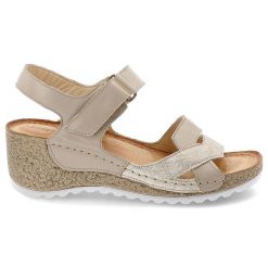 Sandały damskie Wasak, na koturnie skórzane zapinane na rzepy, beżowe mozaika, 757. Brązowe sandały Wasak, bez wzorów, ze skóry, bez obcasa, na koturnie, bez zapięcia. Za 219.00 zł.