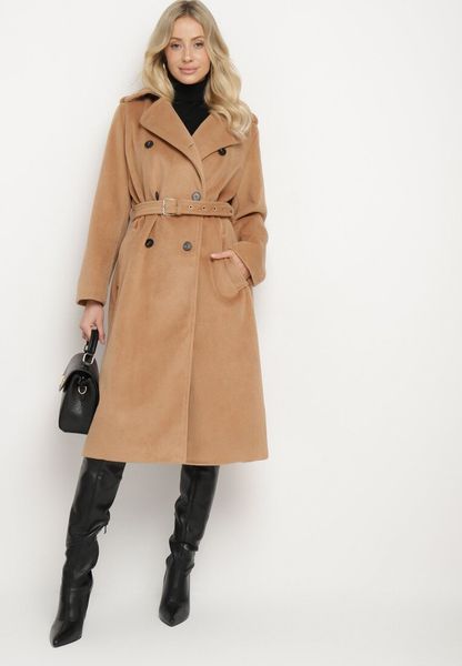 CIemnobeżowy Długi Dwurzędowy Płaszcz z Paskiem Senoriel. Brązowe płaszcze Born2be, na zimę, xl, bez wzorów, z jeansu, bez kaptura. Za 149.99 zł.