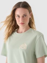 4F T-shirt regular z nadrukiem damski - khaki M. Brązowe t-shirty 4f, m, bez wzorów, z bawełny, bez kołnierzyka, bez ramiączek. W wyprzedaży za 19.99 zł.