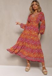 Czerwona Sukienka z Dekoltem w V o Rozkloszowanym Fasonie w Print Paisley Akka. Czerwone sukienki Renee, na co dzień, l, bez wzorów, z zamszu, eleganckie, bez kołnierzyka, bez ramiączek, maxi, rozkloszowane. Za 79.99 zł.