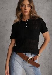 Czarna Wiskozowa Bluzka z Szydełkowym Wzorem Kołnierzykiem i Guzikami Lasthythia. Czarne bluzki Renee, bez wzorów, z koronki, bez kołnierzyka, bez ramiączek. Za 109.99 zł.
