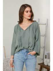 Rodier Lin Lniana bluzka w kolorze oliwkowym rozmiar: L/XL. Brązowe bluzki Rodier Lin, l, bez wzorów, ze lnu, bez kołnierzyka, bez ramiączek. Za 114.98 zł.