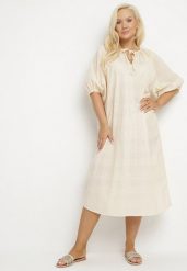 Beżowa Bawełniana Sukienka Oversize z Wiązaniem pod Szyją Tolanea. Brązowe sukienki Born2be, l, bez wzorów, z bawełny, bez kołnierzyka, bez ramiączek, midi, oversize. Za 74.99 zł.