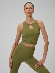 4F Top do jogi slim szybkoschnący damski - oliwkowy M/L. Brązowe topy 4f, l, bez wzorów, z włókna, bez kołnierzyka, bez ramiączek. Za 119.99 zł.