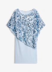 Sukienka koktajlowa z narzutką z cekinami. Niebieskie sukienki bonprix, bez wzorów, bez kołnierzyka, bez ramiączek. Za 329.99 zł.