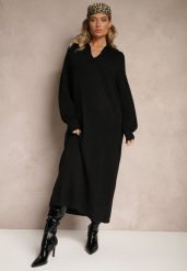 Czarna Sweterkowa Sukienka z Wiskozą o Pudełkowym Kroju Ozdobiona Kołnierzykiem Clarinnae. Czarne sukienki Renee, bez wzorów, z wiskozy, eleganckie, bez kołnierzyka, bez ramiączek, maxi, kopertowe. Za 114.99 zł.
