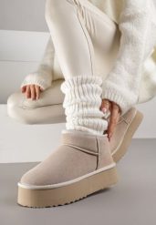 Beżowe Wsuwane Śniegowce z Zamszu Naturalnego na Grubej Podeszwie Mevilira. Brązowe trapery i śniegowce Renee, z dzianiny. Za 169.99 zł.