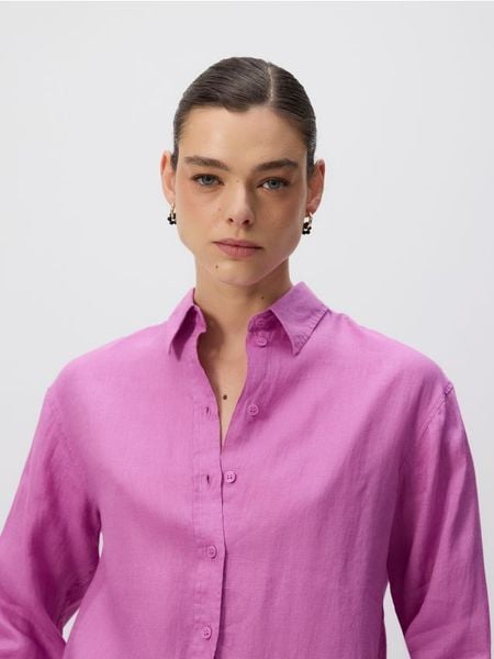 Lniana koszula - fioletowy. Fioletowe koszule Reserved, l, bez wzorów, z tkaniny, bez kołnierzyka, bez ramiączek. Za 179.99 zł.