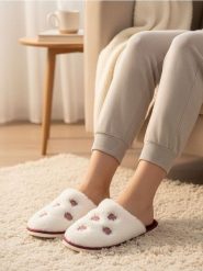 Kapcie ze sztucznym futerkiem i kwiatowym haftem - kremowy. Białe obuwie domowe Sinsay, bez wzorów, bez zapięcia. Za 25.99 zł.