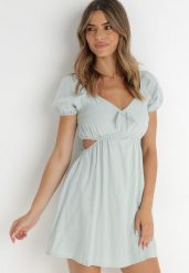 Miętowa Sukienka Roatta. Zielone sukienki Born2be, na lato, l, bez wzorów, z bawełny, bez kołnierzyka, bez ramiączek, mini, rozkloszowane. Za 84.99 zł.