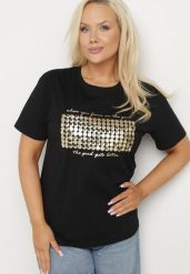 Czarny T-shirt Bawełniany Ozdobiony Cekinami Lirenell. Czarne t-shirty Born2be, xl, bez wzorów, z bawełny, bez kołnierzyka, bez ramiączek. Za 39.99 zł.