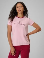 4F T-shirt regular z nadrukiem damski - różowy L. Czerwone koszulki sportowe 4f, bez wzorów, z bawełny, bez ramiączek, tenisowe. Za 59.99 zł.